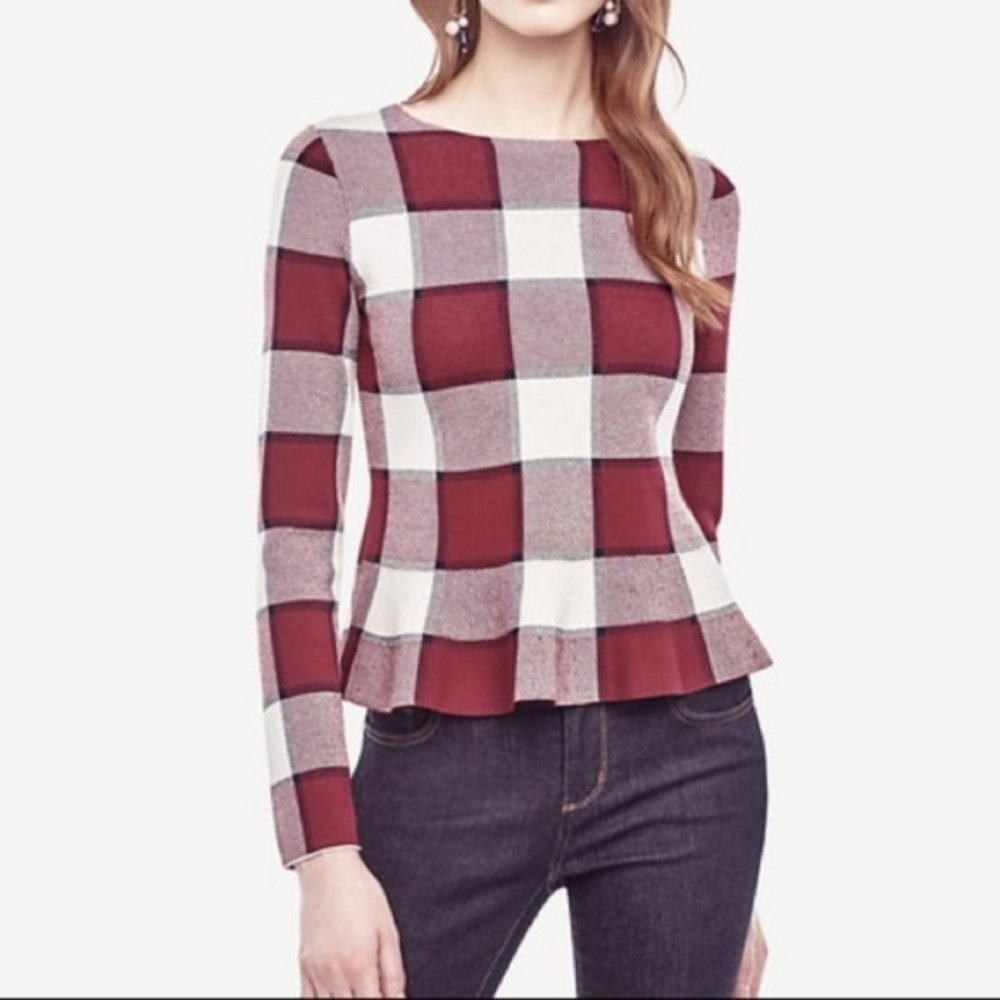 Ann Taylor Red Plaid Peplum Top